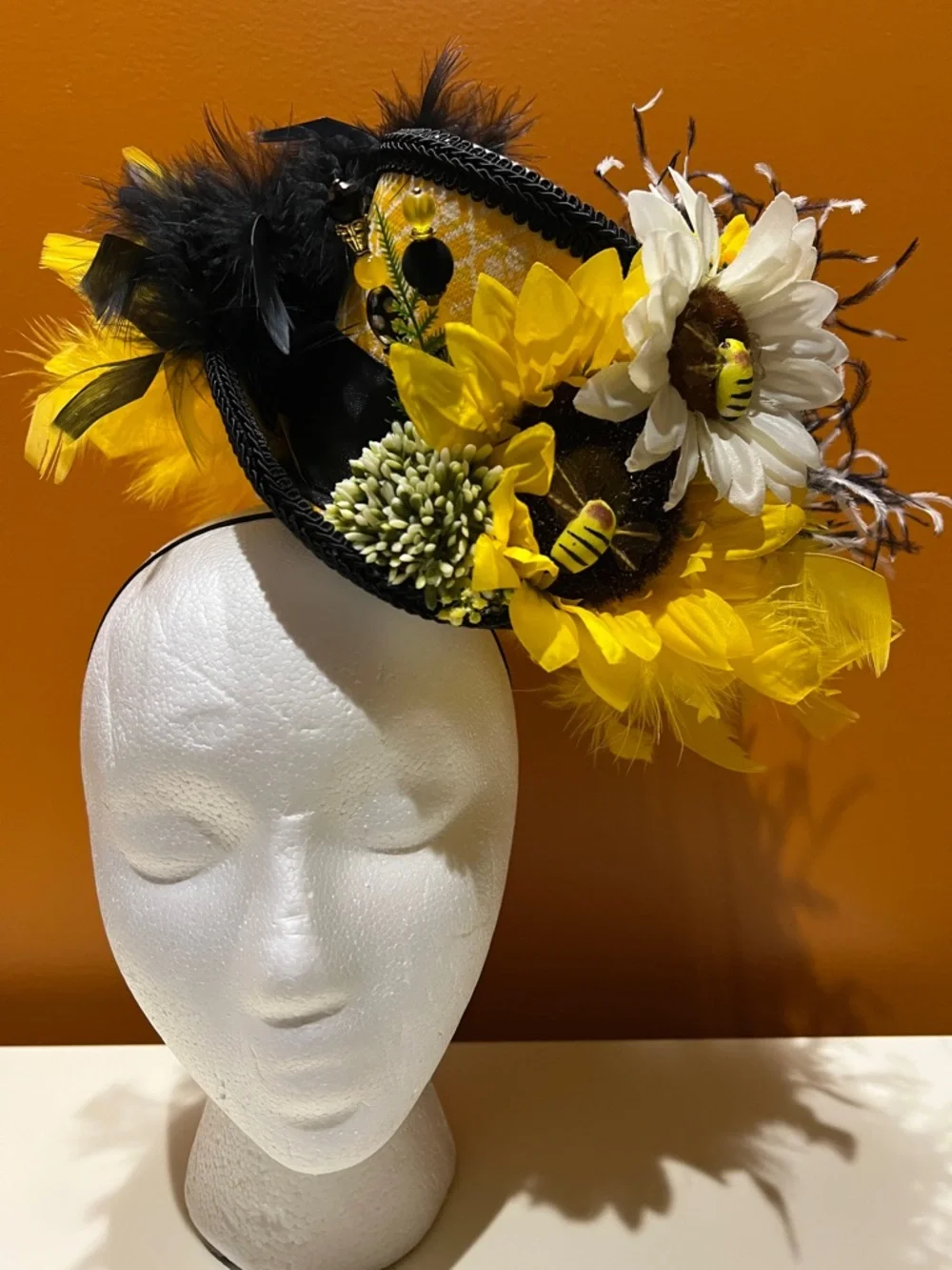 Custom Made Bumble Bee Kentucky Derby Fascinator Hat, Yellow Black Mini Top Hat - Picture 9 of 13